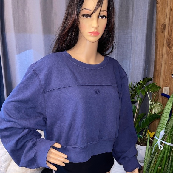PINK Victoria Secret Cropped Ivy Fleece Yoke Seam Sweatshirt In Blue XL - Picture 1 of 8